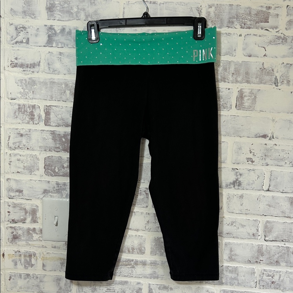 Y2K Pink Victorias Secret Size Small Cropped Fold Over Green Leggings Bling
